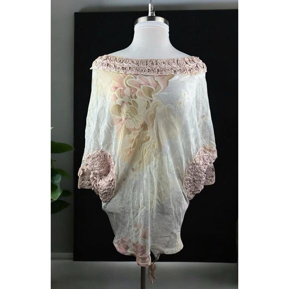 Emamo Silk Floral Sheer Tunic Blouse M Coquette Cottage Romantic Peasant Boho - Picture 16 of 16